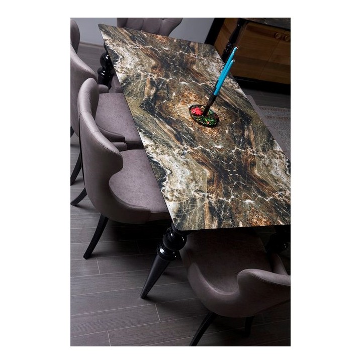 Comedor completo ANKARA con 2 sillas y 1 banco negro con motivos de mármol