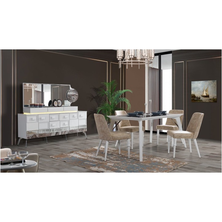 Comedor completo DOGA con 4 sillas blanco y efecto marmol