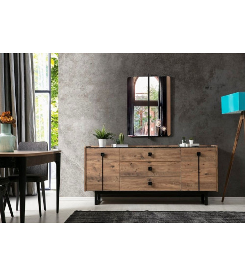 Comedor completo HEDEF con 4 sillas madera, metal negro y efecto marmol