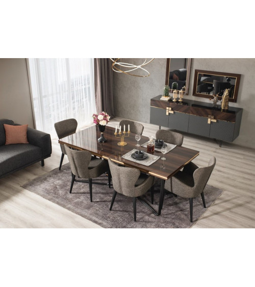 Comedor completo ACO con 4 sillas nogal, dorado y gris