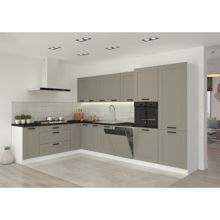 Ensemble cuisine en L LUNA gris poussière/blanc 210x350 cm