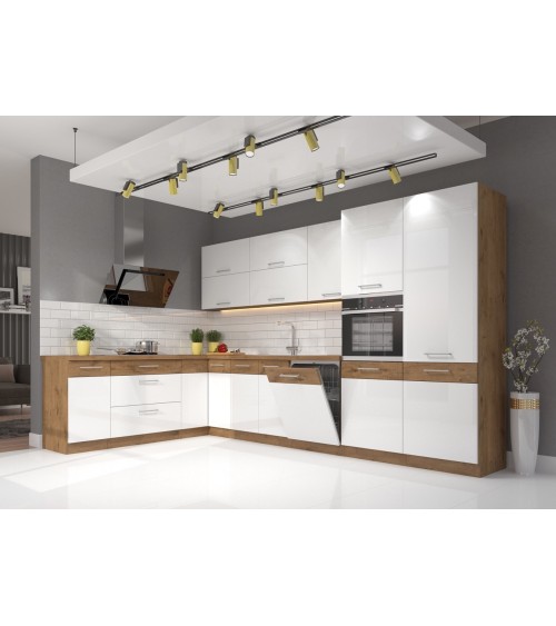 Ensemble cuisine en L VIGO Chêne lancelot/blanc brillant 210x350 cm