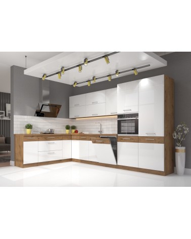 Ensemble cuisine en L VIGO Chêne lancelot/blanc brillant 210x350 cm