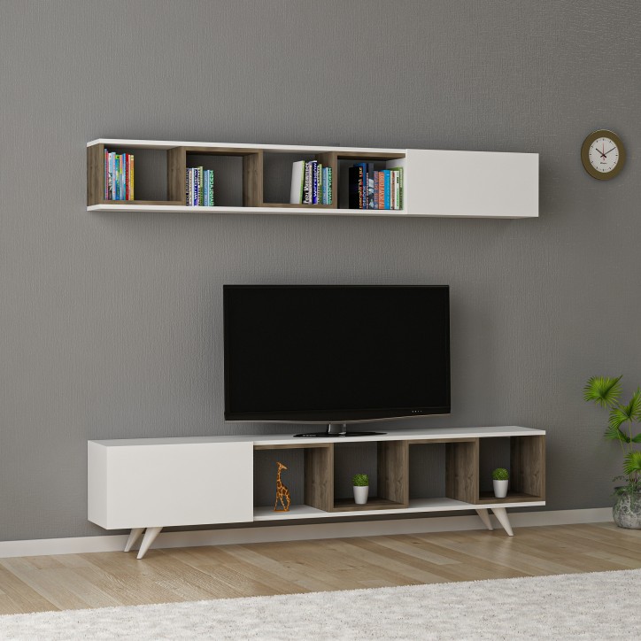 Ensemble meuble TV DORUK BLANC - NOYER 180 cm Ensemble meuble TV DORUK BLANC - NOYER 180 cm