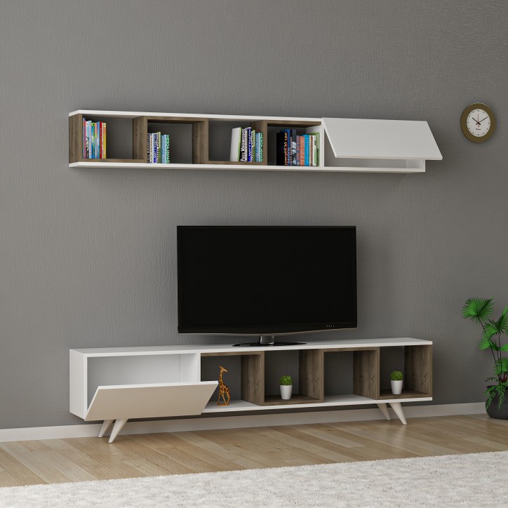 Ensemble meuble TV DORUK BLANC - NOYER 180 cm Ensemble meuble TV DORUK BLANC - NOYER 180 cm