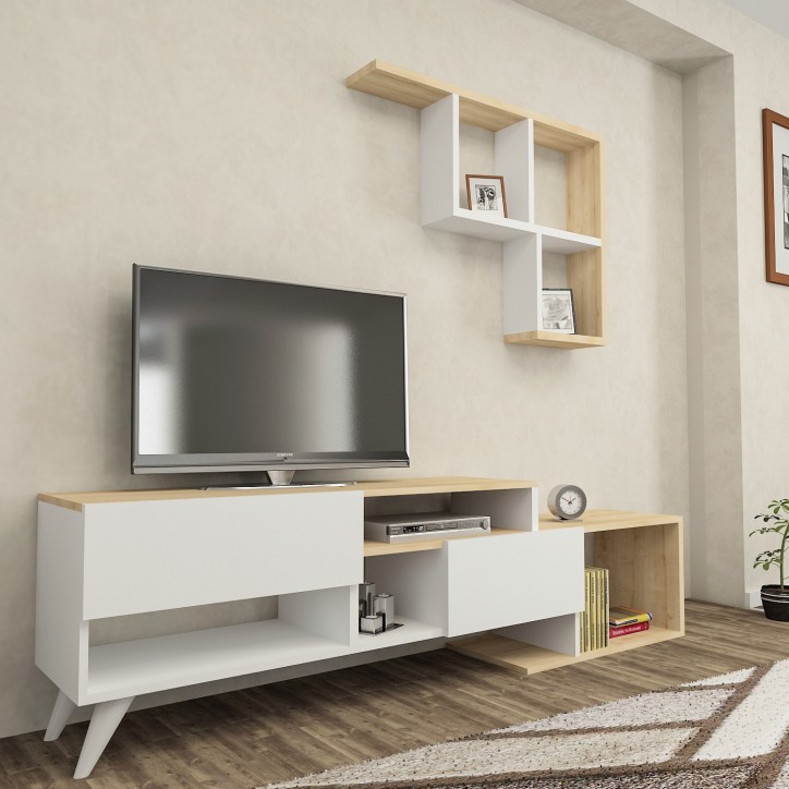 HADISE 135 cm set porta TV bianco e noce