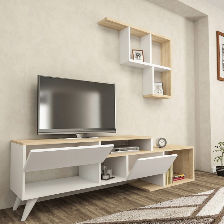 Ensemble meuble TV HADISE 135 cm Blanc et noyer Ensemble meuble TV HADISE 135 cm Blanc et noyer