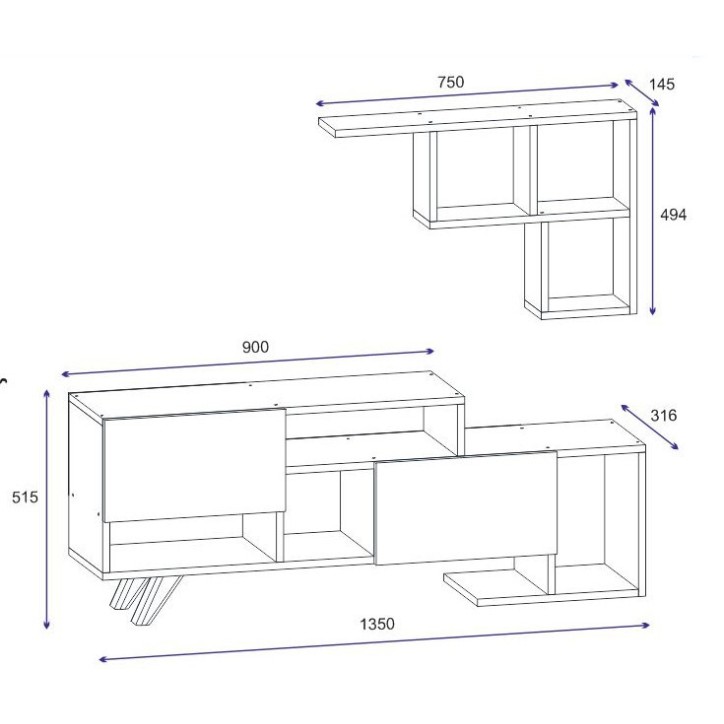HADISE 135 cm set porta TV bianco e noce