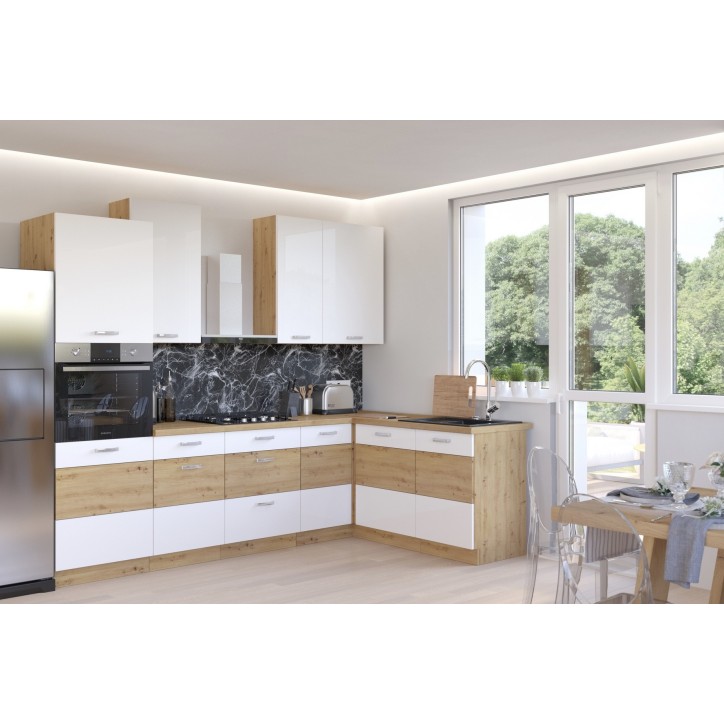 Ensemble cuisine en L ARTISAN blanc & chêne 285x110 cm