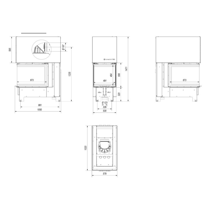 Insert cheminées à bois NOLWENN 3 côtés vitrés, porte guillotine 10  kW