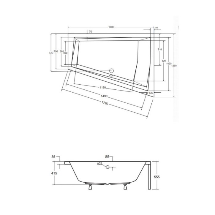 Bañera esquinera INTIMA DUO 170/180 cm, ángulo derecho