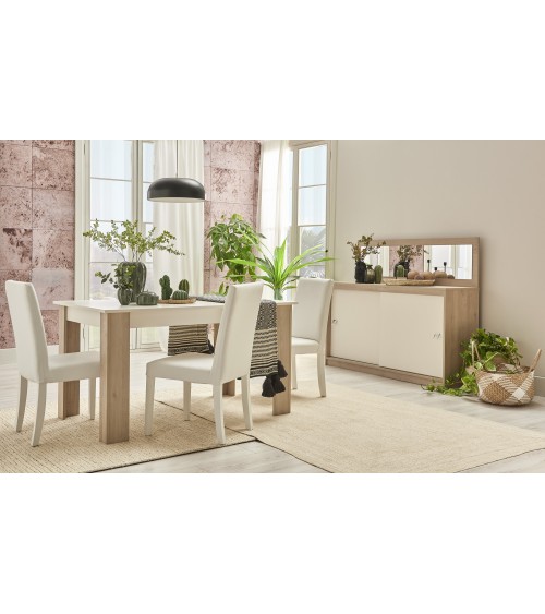 Salle à manger  MILOSIA table et buffet + miroir+ chaises crème et chêne