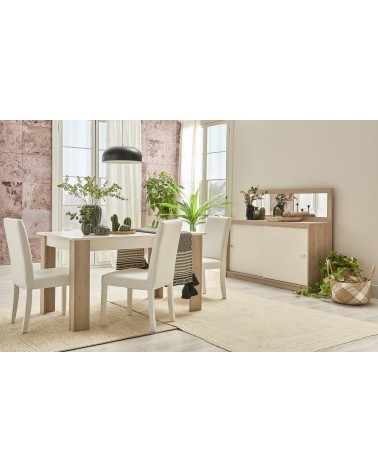 Salle à manger  MILOSIA table et buffet + miroir+ chaises crème et chêne