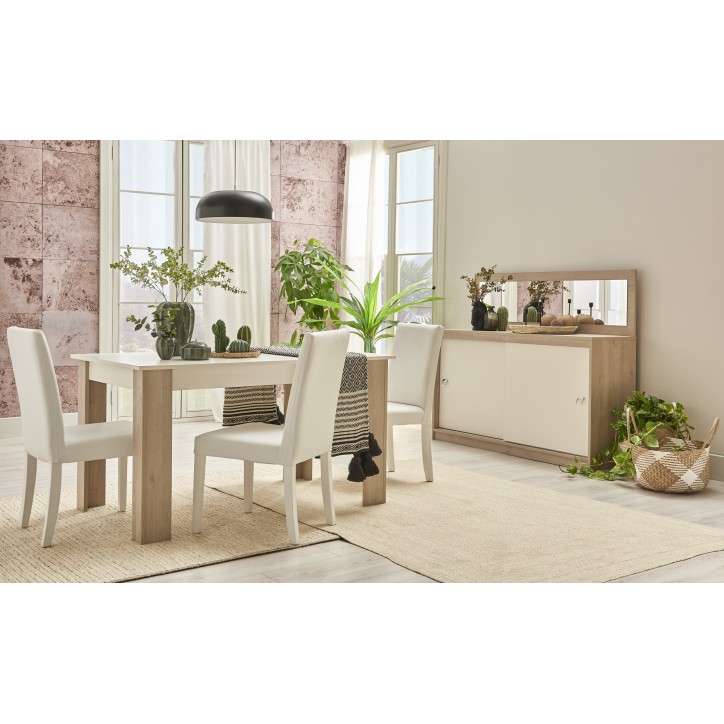 Salle à manger  MILOSIA table et buffet + miroir+ chaises crème et chêne