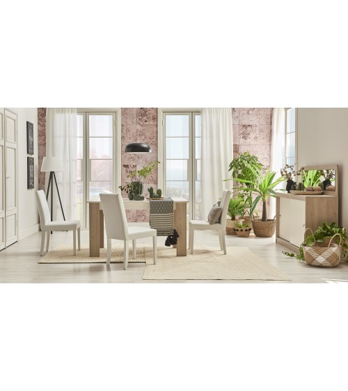 Salle à manger MILOSIA table et buffet + miroir+ chaises crème et chêne