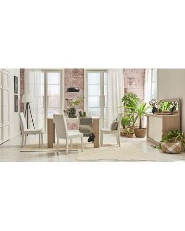 Salle à manger MILOSIA table et buffet + miroir+ chaises crème et chêne