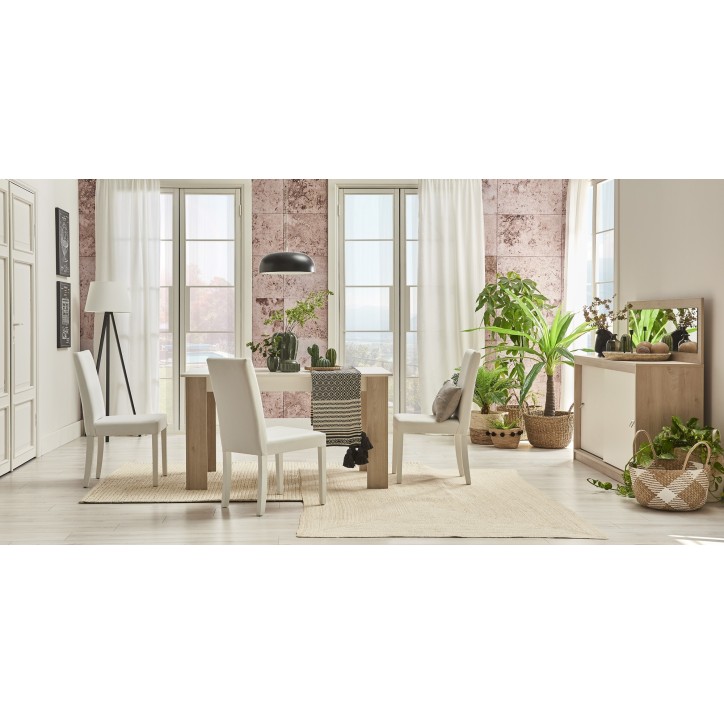 Salle à manger  MILOSIA table et buffet + miroir+ chaises crème et chêne