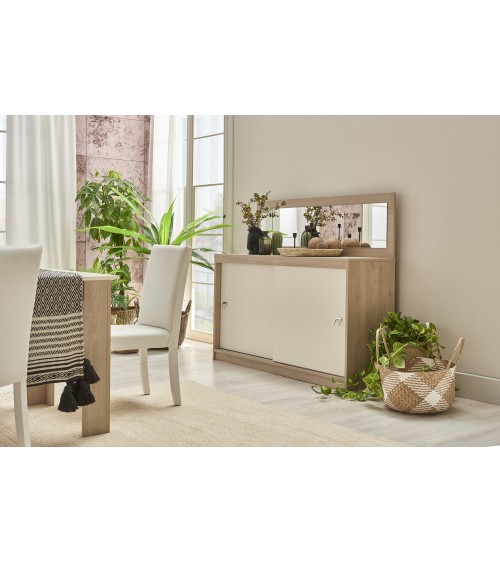 Salle à manger  MILOSIA table et buffet + miroir+ chaises crème et chêne