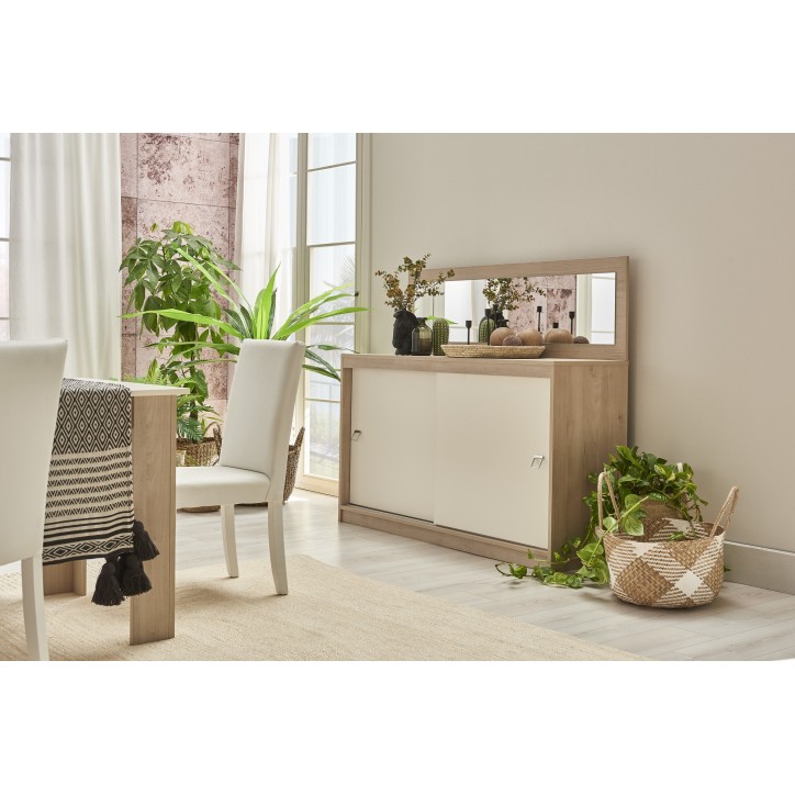 Salle à manger  MILOSIA table et buffet + miroir+ chaises crème et chêne