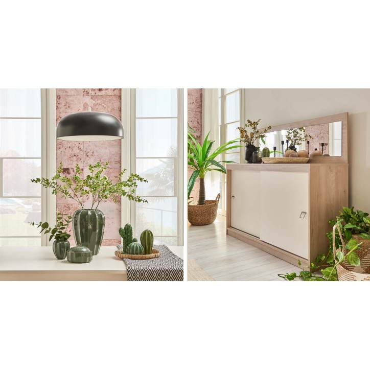 Salle à manger  MILOSIA table et buffet + miroir+ chaises crème et chêne