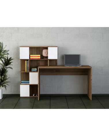 Ensemble bureau et bibliothèque TOTEM blanc noyer