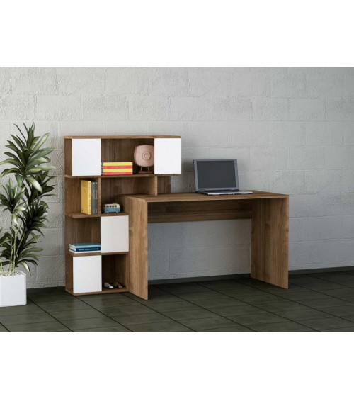 Ensemble bureau et bibliothèque TOTEM blanc noyer