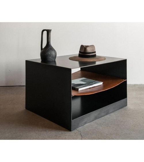 Mesa de apoyo SMART en metal negro y cuero 72 cm