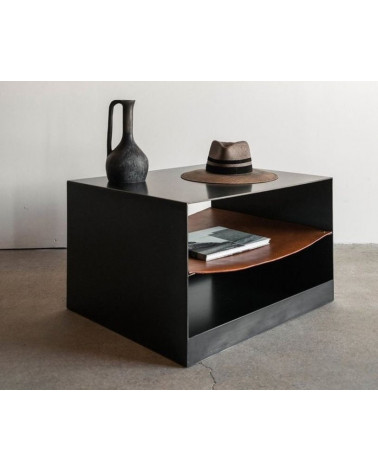 Table d'appoint SMART en métal noir et cuir 72 cm
