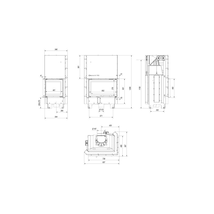 Insert cheminée MBM 10 BS vitre à droite ouverture relevable + 2 bouches recuperateur