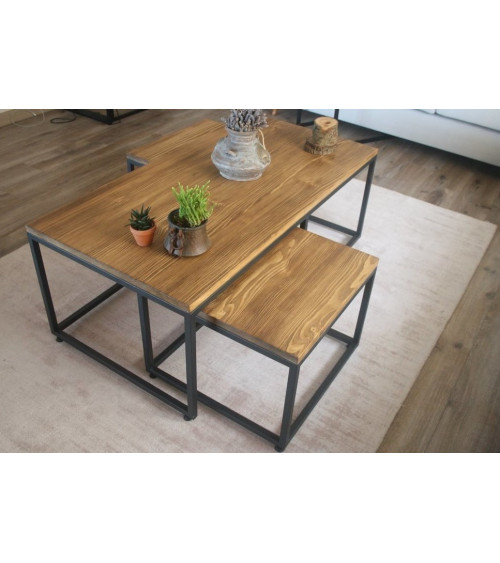 Tavolino + set di 2 tavolini da salotto in legno e metallo