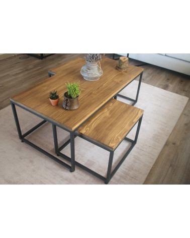 Mesa de centro + 2 mesas nido de madera y metal