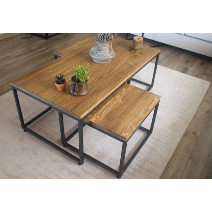 Mesa de centro + 2 mesas nido de madera y metal