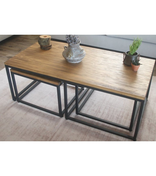 Salontafel + 2 houten en metalen nesttafels
