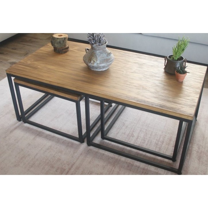 Mesa de centro + 2 mesas nido de madera y metal