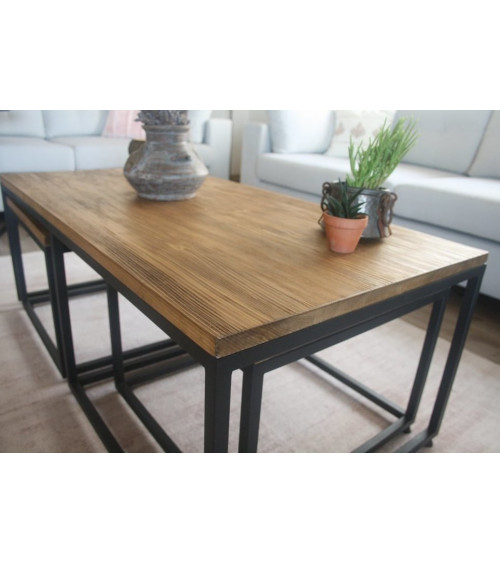Salontafel + 2 houten en metalen nesttafels