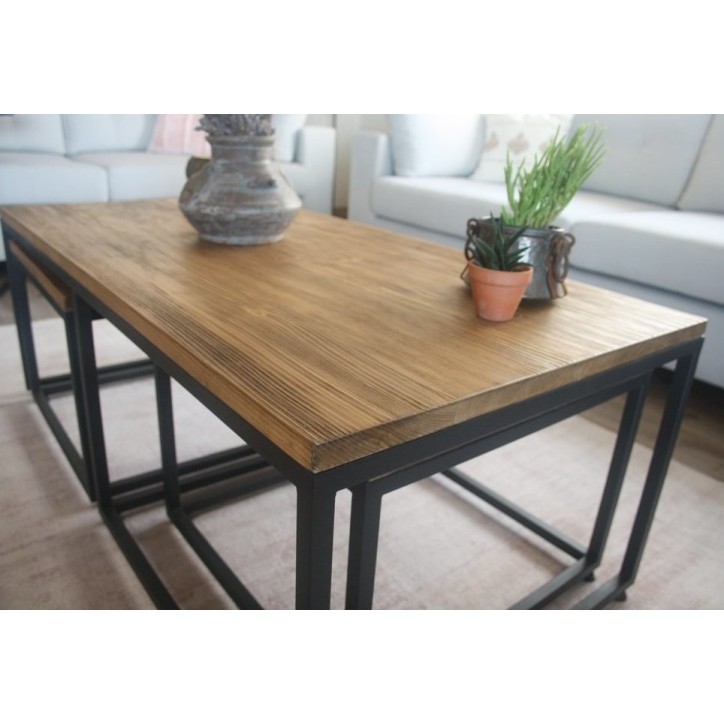 Conjunto de mesa de centro + 2 mesas de madeira e metal Conjunto de mesa de centro + 2 mesas de madeira e metal