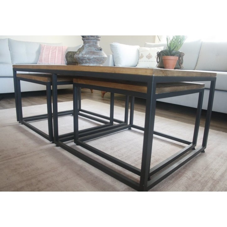 Ensemble table basse + 2 tables gigognes en bois et métal