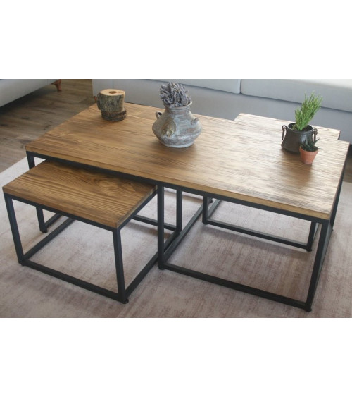 Salontafel + 2 houten en metalen nesttafels