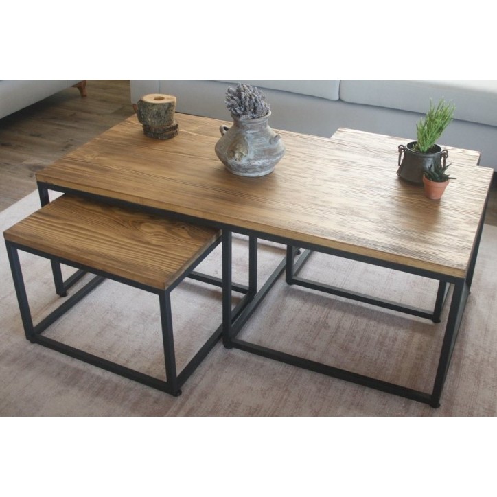 Mesa de centro + 2 mesas nido de madera y metal