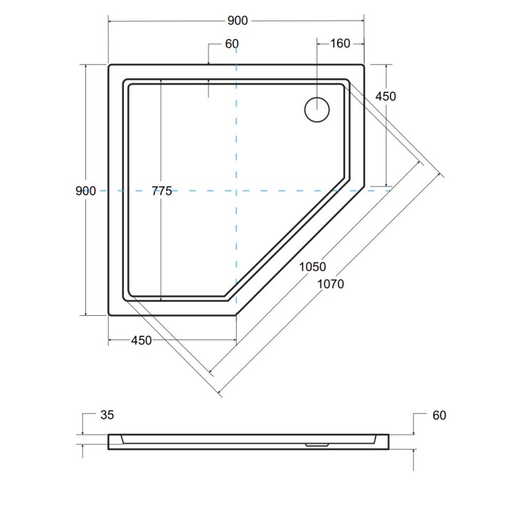 Extra platte douchebak BERGO SLIMLINE asymmetrisch 90x90x6 cm wit