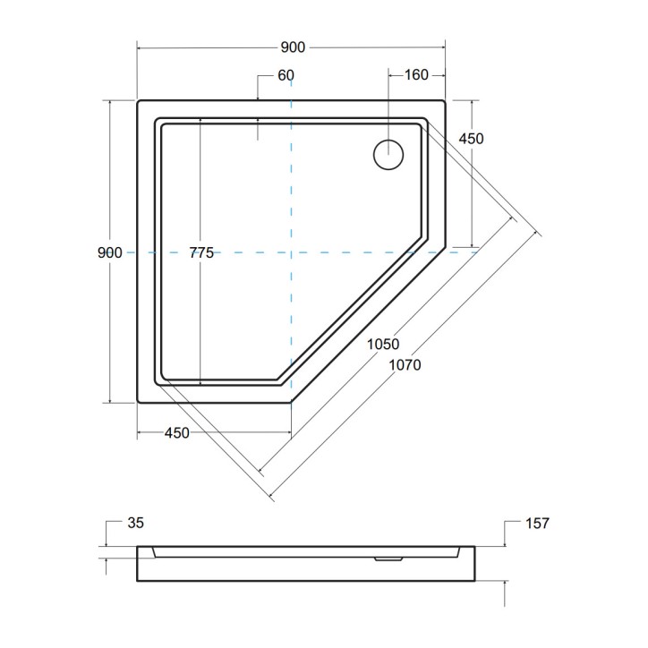 Base de duche extraplana BERGO SLIMLINE assimétrica 90x90x15 cm branco