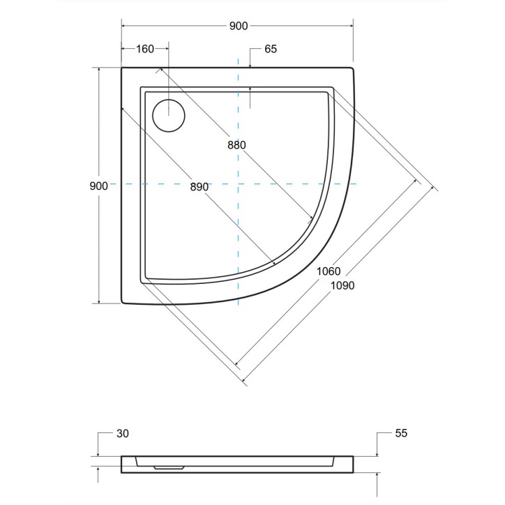 Base de duche plana semi-circular ARON SLIMLINE 80x80 cm e 90x90 cm efeito pedra preta