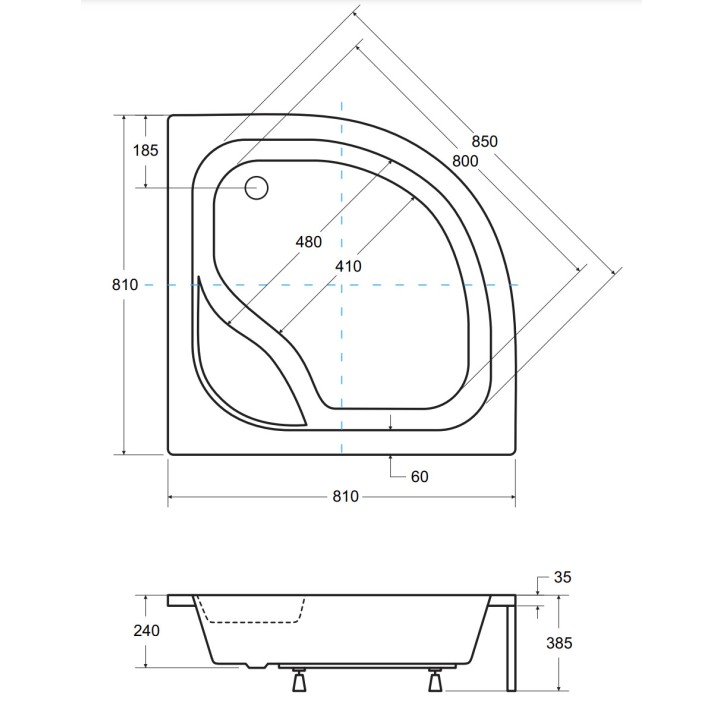 Base de duche semi-circular DIPER I 80x80 cm e 90x90 cm branco