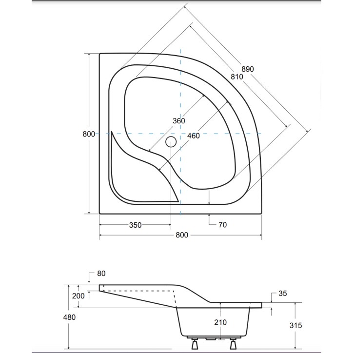 Base de duche semi-circular OLIVER II 80x80 cm e 90x90 cm branco
