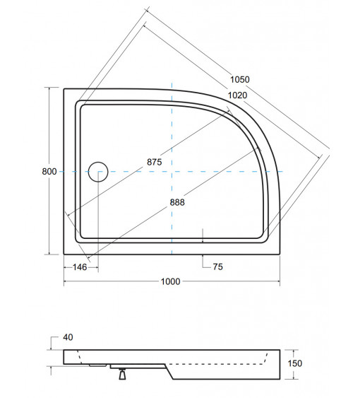 Piatto doccia asimmetrico destro SATURN 100x80 cm e 120x90 cm bianco