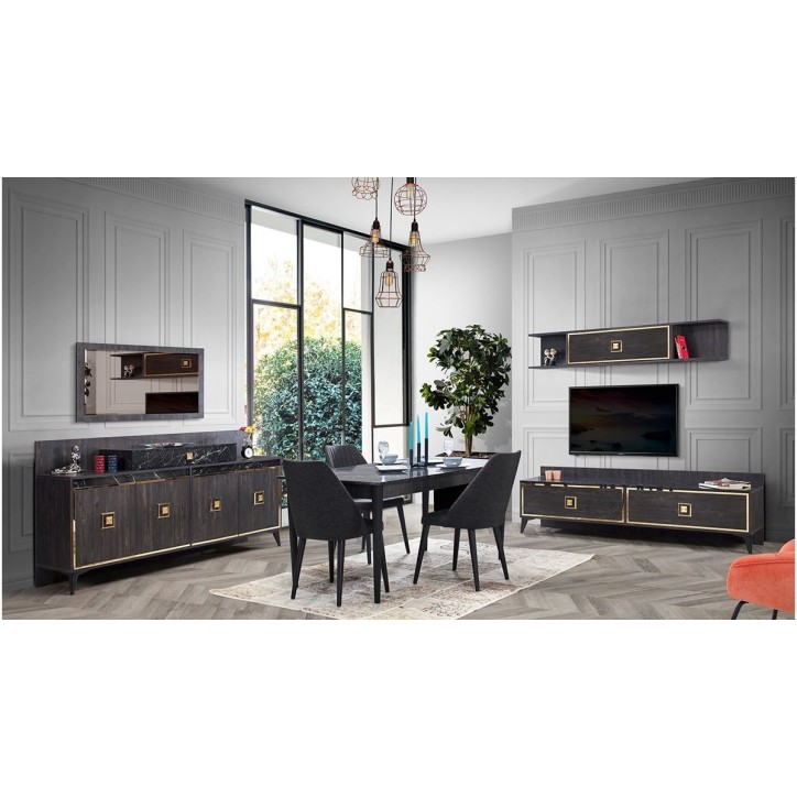 Salle à manger NOIRE noyer foncé, effet marbre et doré