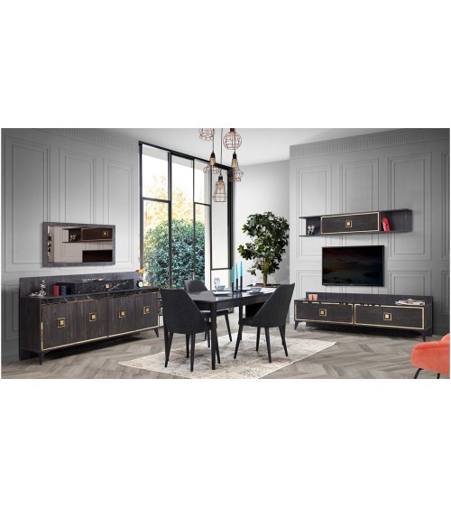 Salle à manger NOIRE noyer foncé, effet marbre et doré