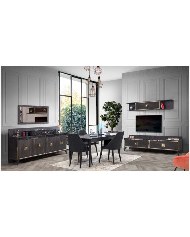 Salle à manger NOIRE noyer foncé, effet marbre et doré