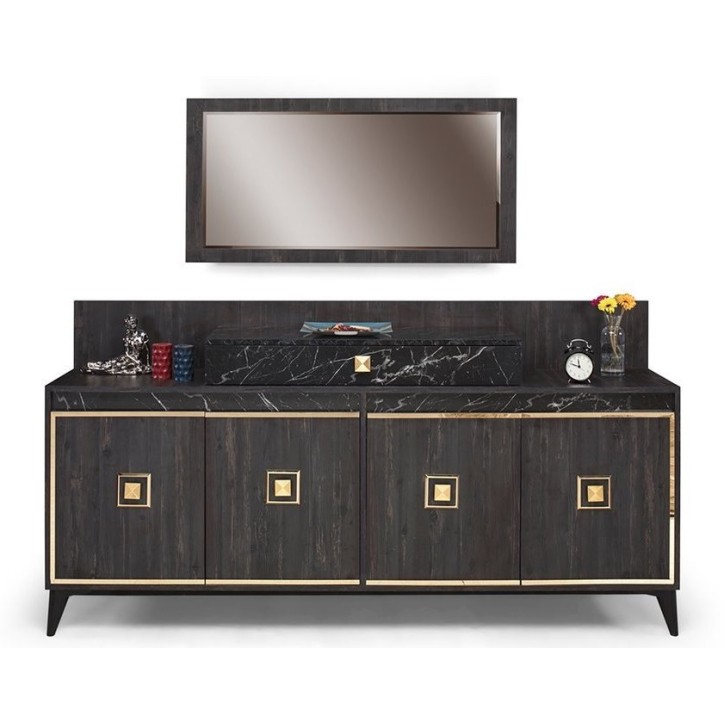 Salle à manger NOIRE noyer foncé, effet marbre et doré