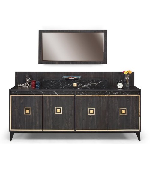 Salle à manger NOIRE noyer foncé, effet marbre et doré